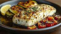 Grilled white fish fillet with herbs, roasted vegetables and lemon on dark plate. Healthy Mediterranean cuisine for restaurant menu and cooking blogs.