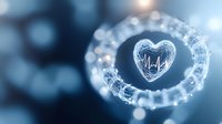 Glowing heart shape with ECG line surrounded by circular DNA helix structure on blue bokeh background, representing medical and healthcare concept.