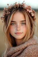 Young Caucasian woman with freckles wearing floral crown of dried flowers and knit sweater, gentle smile and blue eyes, soft natural lighting creates dreamy atmosphere.