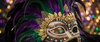 Ornate carnival mask with gold detailing and colorful feathers against festive bokeh lights background for Mardi Gras celebration and masquerade party events.