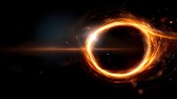 Glowing fire ring with sparks and flames on black background, mystical portal effect with burning orange light trails and energy particles in space.