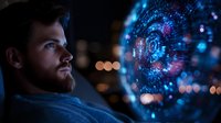 Young bearded Caucasian man looking at glowing digital sphere with binary code and data visualization in dark room with city lights background. Futuristic technology concept.