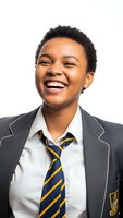 Happy African American female student in school uniform laughing with joy on white background isolated for educational design projects.