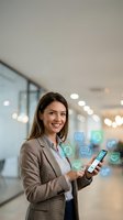 Businesswoman holding smartphone with digital communication icons floating around device in modern office environment, representing customer service, tech support, messaging, and connectivity solutions.