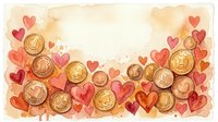 Watercolor border with gold coins and pink red hearts on warm beige background, copy space for Valentine finance or love savings concept.