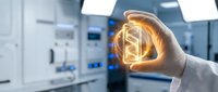 Scientist in laboratory holding glowing light bulb with geometric wireframe design, representing innovation, energy efficiency, and technological advancement in research environment.