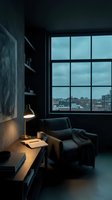 Modern workspace with dark charcoal armchair, wooden desk, brass pendant lamp, and expansive city skyline view through nine-pane window. Contemporary interior design for office, home workspace, or commercial projects.