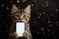 Cute tabby kitten holding blank smartphone screen on dark background with golden bokeh lights, copy space for message or app presentation.