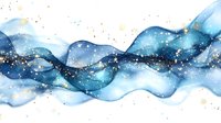 Flowing abstract watercolor waves in deep blue and turquoise tones with gold and white sparkles create ethereal movement against white background, suitable for modern wall decor.