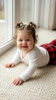 Happy toddler girl with curly hair in space buns lying on carpet wearing white top and plaid pants in bright living room with natural window light.