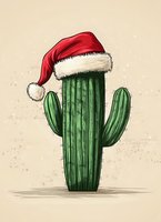 Festive saguaro cactus wearing red Santa hat against beige background, combining desert and Christmas themes in playful holiday illustration.