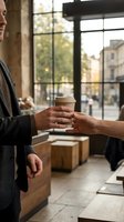 Two people exchanging a takeaway coffee cup by a window overlooking a European street, capturing a casual meeting moment in an urban café setting.