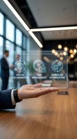 Businessman holding a transparent digital interface with collaboration, time management and workflow optimization icons in modern office.