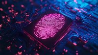 Digital fingerprint scan glowing pink on circuit board with bokeh light effects, cybersecurity concept for biometric authentication and data protection.