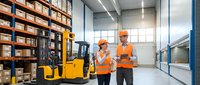 Two warehouse workers in orange safety vests discussing logistics operations near yellow forklift in modern distribution center with organized shelving systems.
