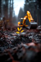 Young plant seedling with golden leaves growing from soil, contrasting with construction excavator in blurred background, symbolizing environmental impact and development.