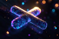 Glowing chromosome in dark background with colorful bokeh lights and sparkles showing DNA structure and cell division process in microscopic view.