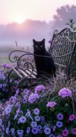 Black cat with striking yellow eyes sitting on ornate metal garden gate surrounded by blooming purple flowers at misty dawn, creating atmospheric garden scene for nature and pet lovers.