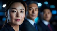 Asian businesswoman in focus with confident expression, wearing formal attire, with two male colleagues standing behind in corporate office setting with blue ambient lighting.