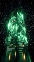 Futuristic green glowing skyscraper with digital light effects against starry night sky for technology and innovation concepts.