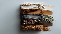 Makeup swatches and coffee beans arranged in artistic layers with palm leaf accent, showing texture and color palette of brown, beige and gray cosmetic products.