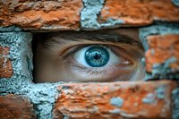 Blue eye peering through gap in weathered brick wall, conveying concepts of surveillance, privacy invasion, curiosity, or confinement.