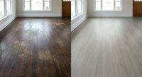 Before and after home renovation showing old worn dark hardwood floors transformed into modern light wood flooring in bright empty room with windows.