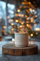 Minimalist white ceramic pot with twigs on wooden slice, illuminated by warm bokeh lights creating magical holiday atmosphere against blurred background.