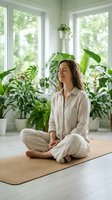 Young woman meditating in lotus position surrounded by houseplants in bright sunroom with natural light for wellness and mindfulness practice.