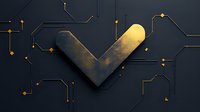 Metallic gold arrow symbol on dark circuit board pattern background with glowing connection points and electronic pathways. Modern tech concept.