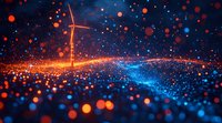 Glowing cross silhouette against abstract background with orange and blue bokeh particles, spiritual light effects creating mystical atmosphere.
