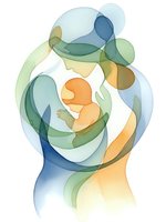 Watercolor family silhouette with mother father and baby in soft flowing shapes. Abstract parental love concept in pastel blue green orange tones on white background.