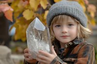 Young girl in gray knit beanie and plaid shirt holds large clear quartz crystal point against autumn foliage background, expressing wonder and connection with nature.