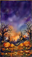 Haunted castle silhouette surrounded by glowing jack-o'-lanterns, bare twisted trees, floating ghosts, and autumn leaves against dramatic purple and orange twilight sky. Halloween celebration artwork.