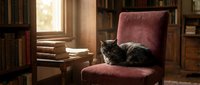 Cozy home library scene with tabby cat resting on burgundy armchair near wooden bookshelf and stacked books, warm natural lighting creates peaceful reading atmosphere.