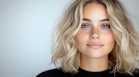 Young blonde woman with wavy bob haircut and natural makeup smiling against light background, showcasing modern beauty trends.
