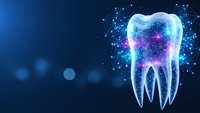 Digital tooth with glowing network connections on blue background for dental technology and healthcare innovation concepts.