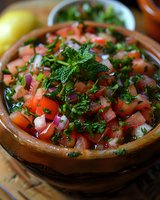 Fresh tomato salsa with diced red onions, cilantro, and mint leaves served in rustic clay bowl, vibrant colors and textures create appetizing Mediterranean dish.
