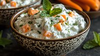 Fresh herb yogurt dip with diced carrots and mint leaves in decorative bowl, creamy white texture garnished with green herbs, served as appetizer.