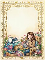 Young woman reading with pet rats in cozy armchair surrounded by books and plants in ornate golden decorative frame with floral border elements.