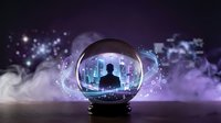 Businessman silhouette inside crystal ball with futuristic cityscape and purple cosmic background for business forecasting and future planning concepts.