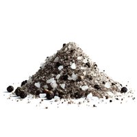 Pile of mixed soil with white mineral deposits and small stones isolated on white background for gardening and agriculture projects.