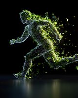 Glowing particle silhouette of athletic male runner in motion with green energy effect against black background, dynamic sports concept for fitness design.