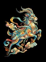 Ornate mythical goat with decorative horns and flowing mane in turquoise, gold, and red tones. Isolated on transparent background, ready for t-shirts, stickers, clipart, and print-on-demand designs.