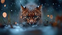 Close-up portrait of wild lynx with intense yellow eyes in snowy winter forest with bokeh lights and falling snowflakes creating magical atmosphere.