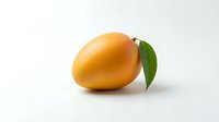 Ripe golden mango with green leaf isolated on white background, ready for food and beverage design, packaging, and culinary content use.