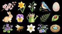 Spring clipart set with rabbit, bee, bird, Easter egg, flowers, watering can, and nest, isolated on transparent background. Ready for stickers, T-shirts, print on demand.