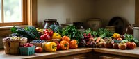 Fresh organic vegetables and fruits displayed on rustic wooden kitchen counter with natural window lighting for healthy cooking and farm-to-table dining.