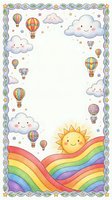 Cute kawaii frame with smiling clouds, hot air balloons, rainbow and sun. Childish border design for kids room decor, baby shower invitations and nursery art.
