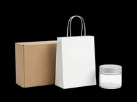 Kraft box, white paper bag with handles, and clear glass jar with lid, isolated on transparent background. Ready for packaging mockups, stickers, and print on demand.